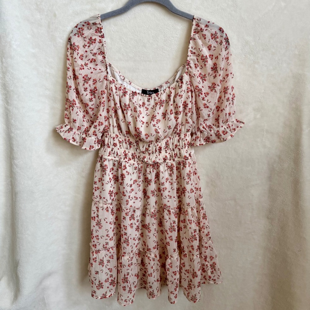 Trixxi Women Cottagecore Ditsy Floral Puff Sleeve Smocked Tiered Mini Dress Sz S